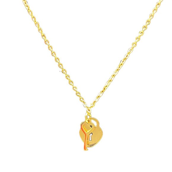 Mini Heart & Lock Chain Necklace Gold Tone Titanium Steel Adjustable - Picture 1 of 10